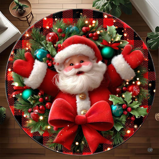 Top-down view of round area rug featuring Santa Claus emerging from an evergreen wreath and plaid backdrop.