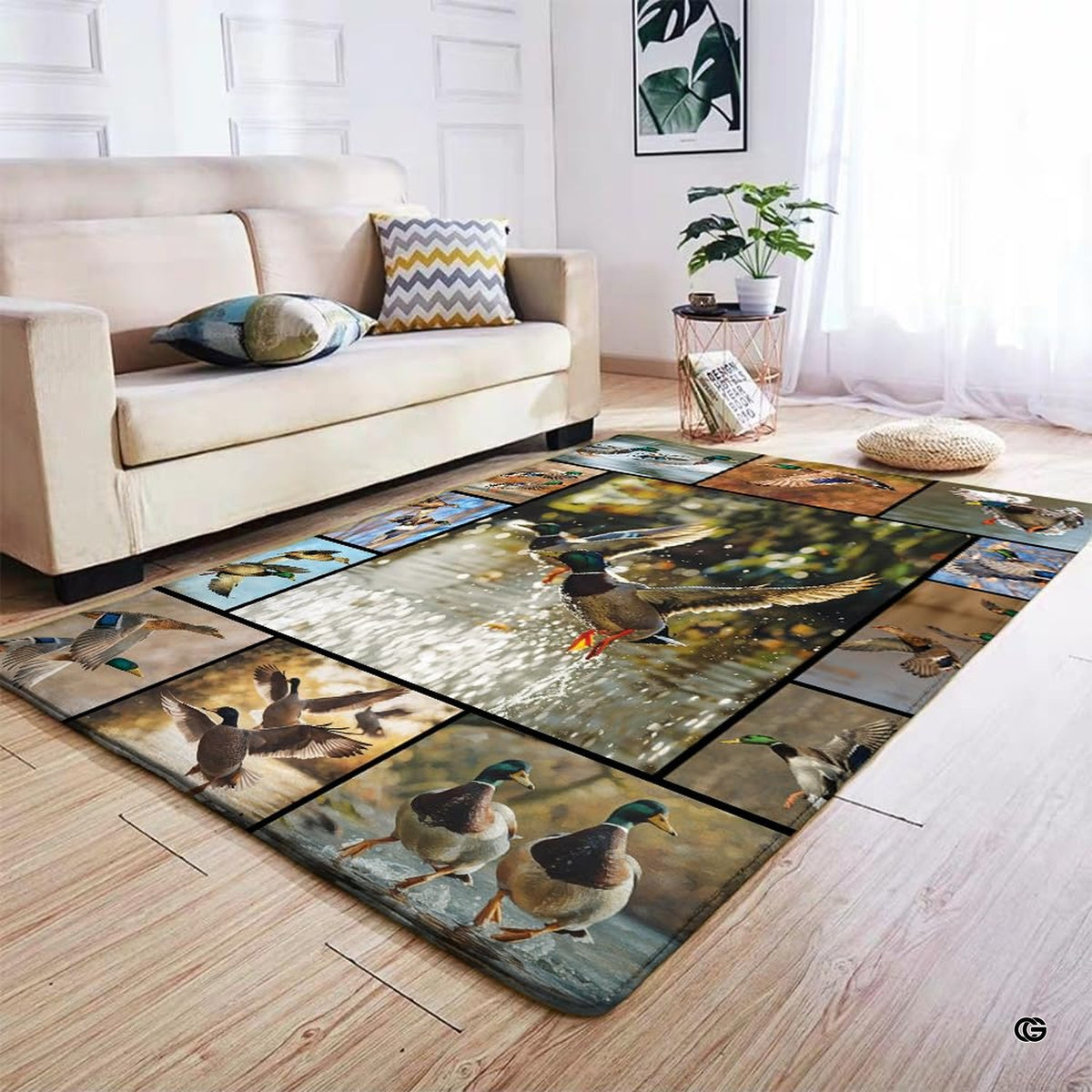 Anti-slip dot backing and hemmed edge stitching on mallard waterfowl area rug