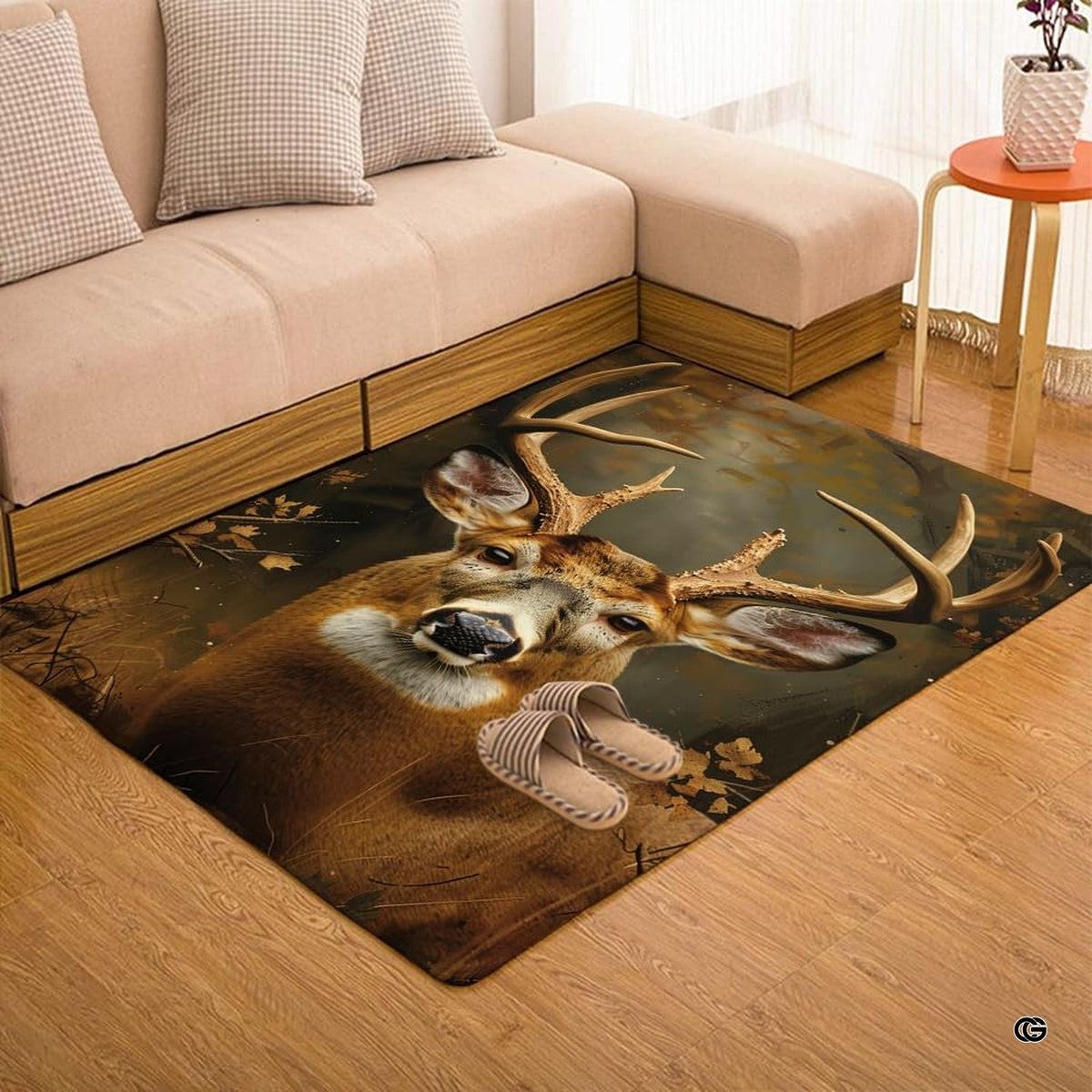 Woodland animals beginning with a deer theme rug positioned near an indoor hearth