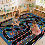 Close view of checkered racing curbstones and road markings on kids play rug - thumbnail image 2 of 9