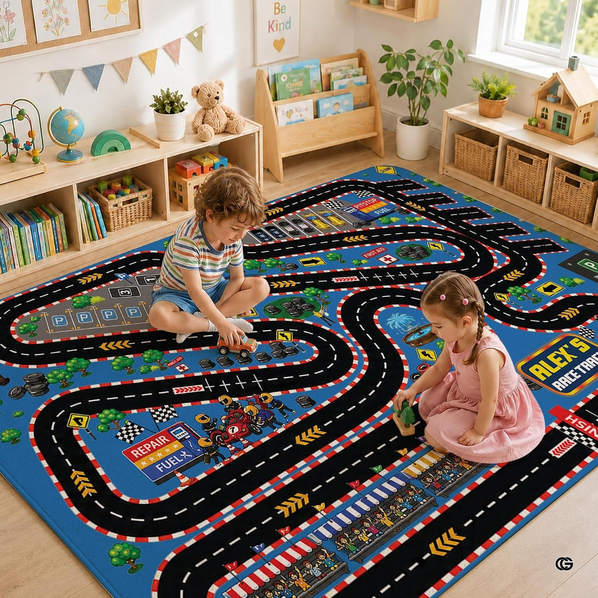 Close view of checkered racing curbstones and road markings on kids play rug - image 2 of 9