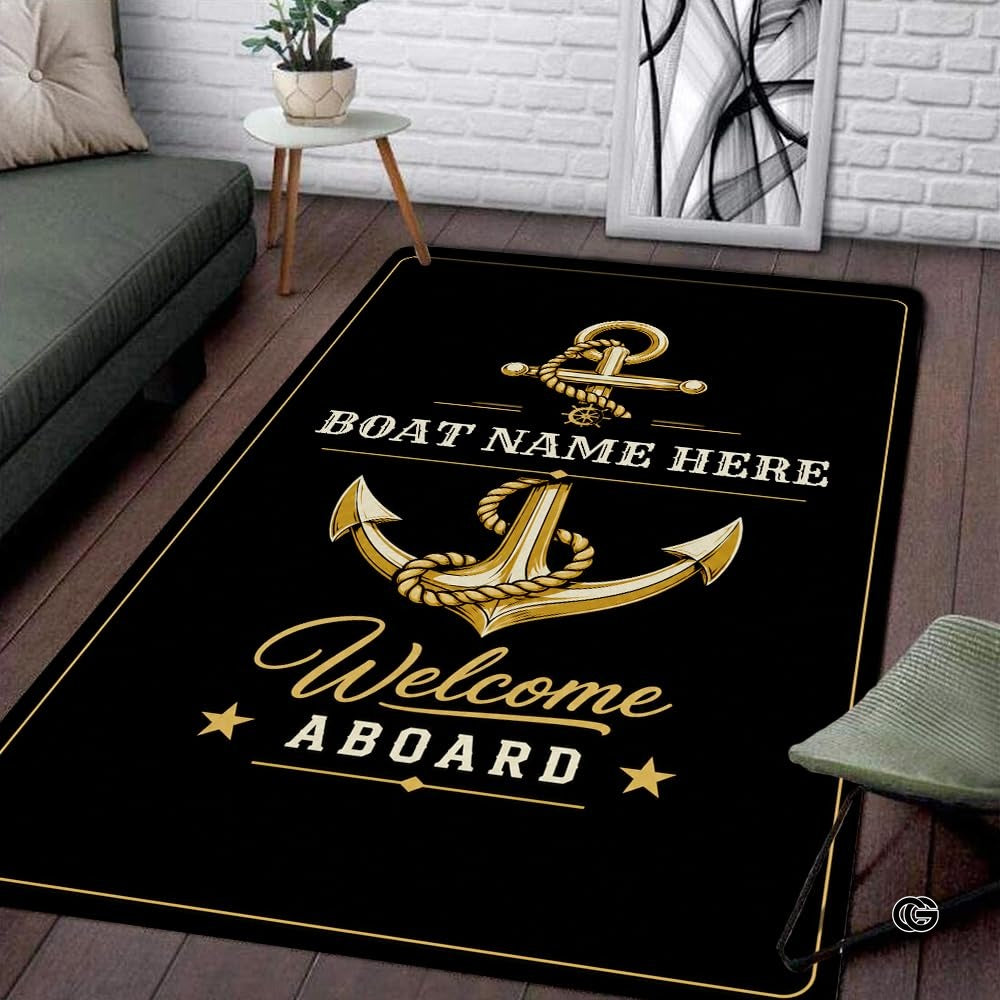 Custom Boat Rug, Personalized Welcome Aboard Mat with Boat Name, Nautical Area Rug for Deck, Entryway or Floor, Anchor Marine Decor, Boating Gift (Boat Rug 01)