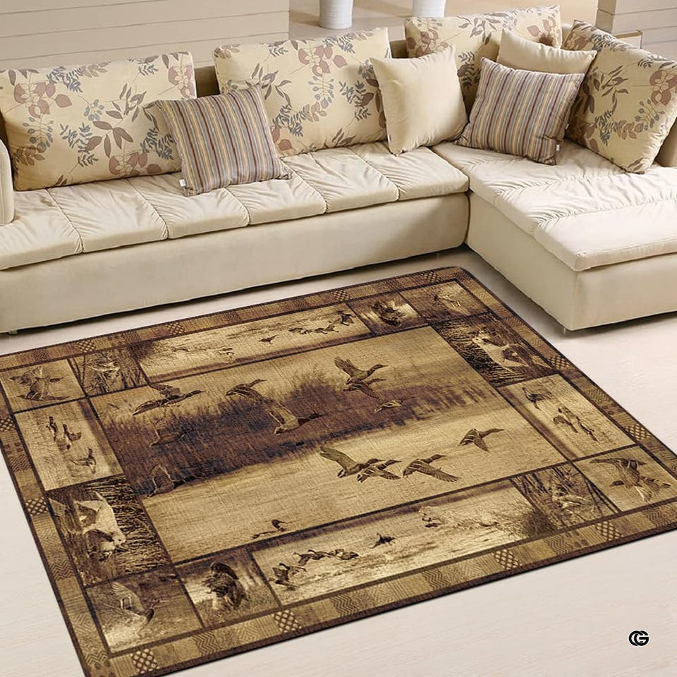 Mallard duck waterfowl marsh living room area rug with rustic hunting border panels