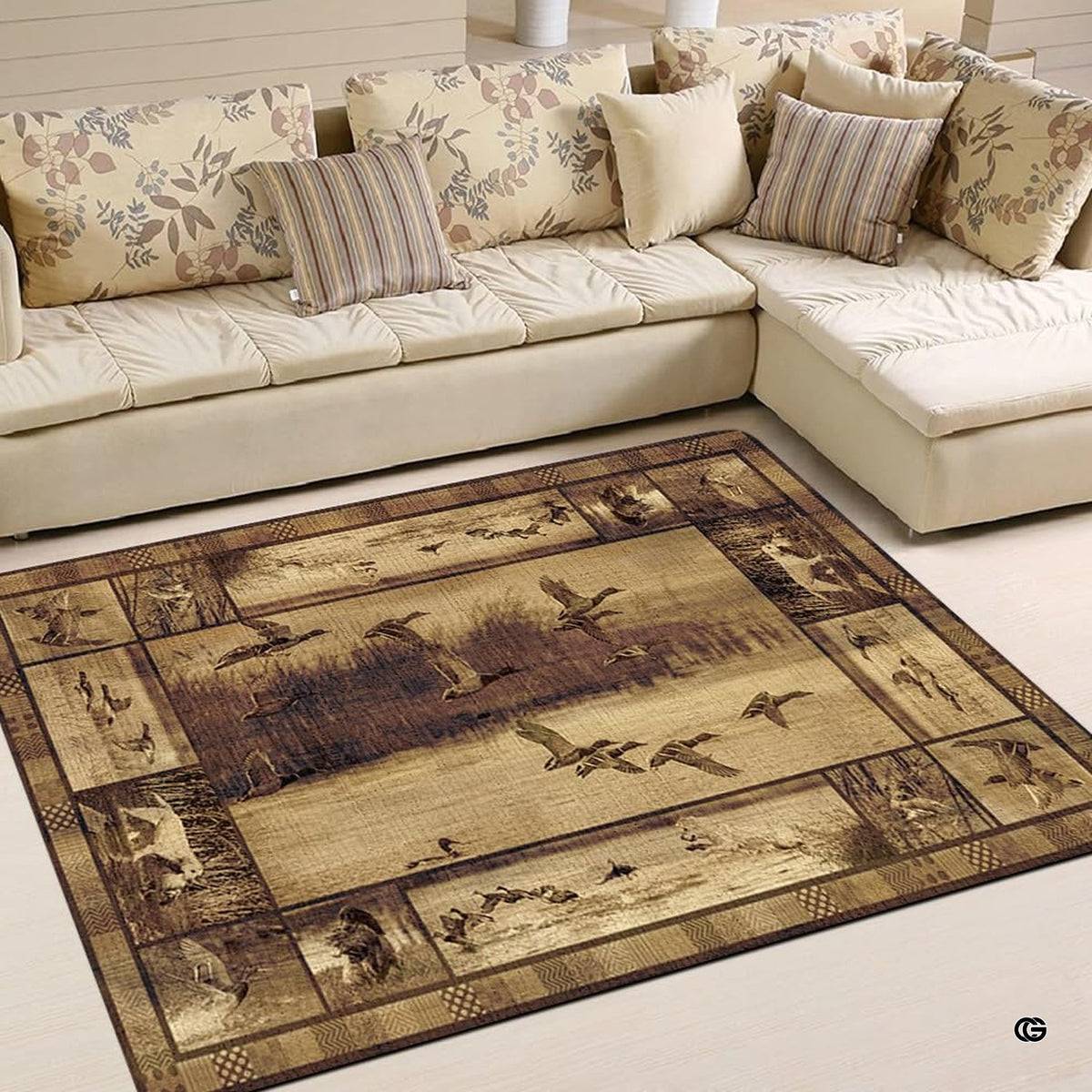 Mallard duck waterfowl marsh living room area rug with rustic hunting border panels