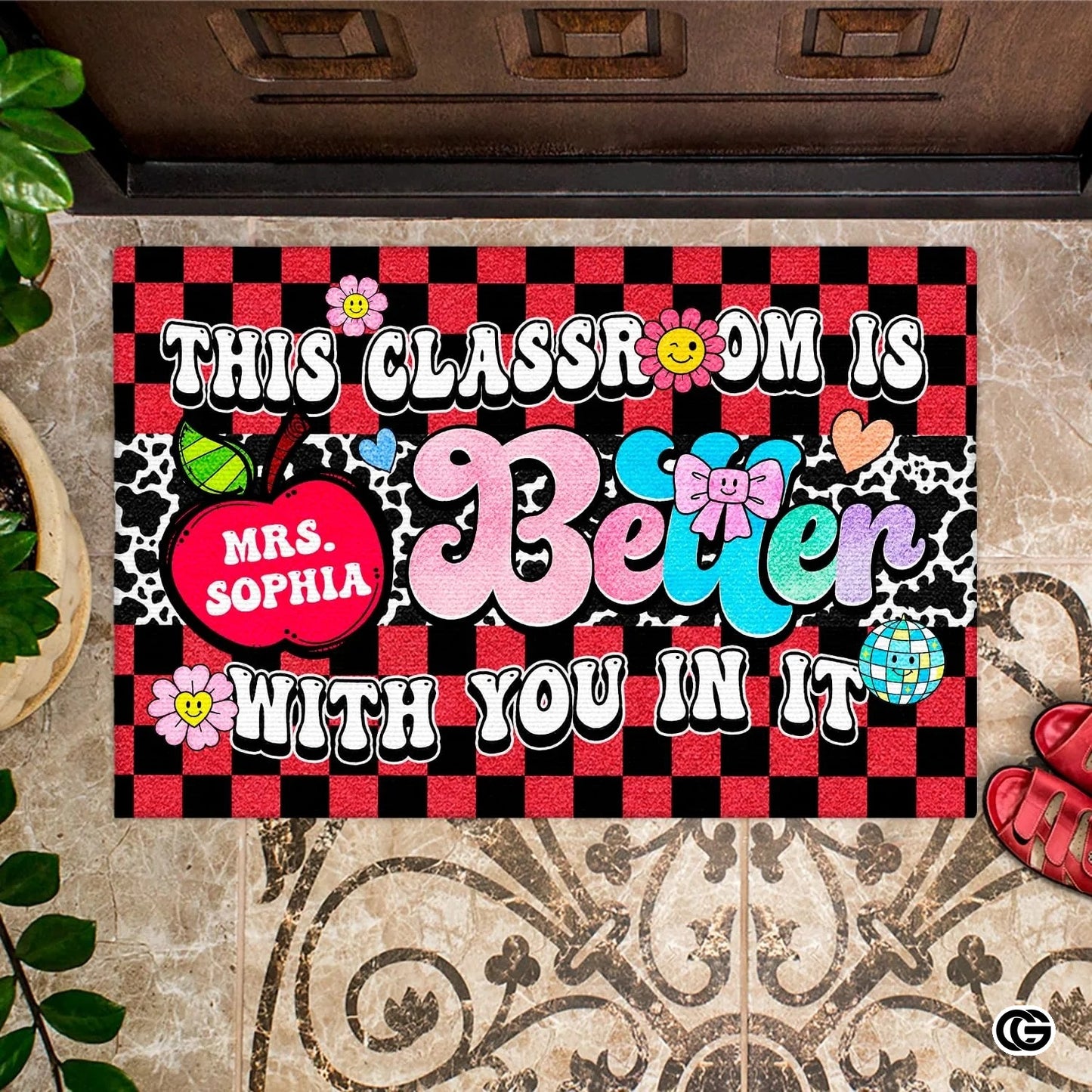Personalized Welcome Doormat with Teacher Name and Notebook Pattern