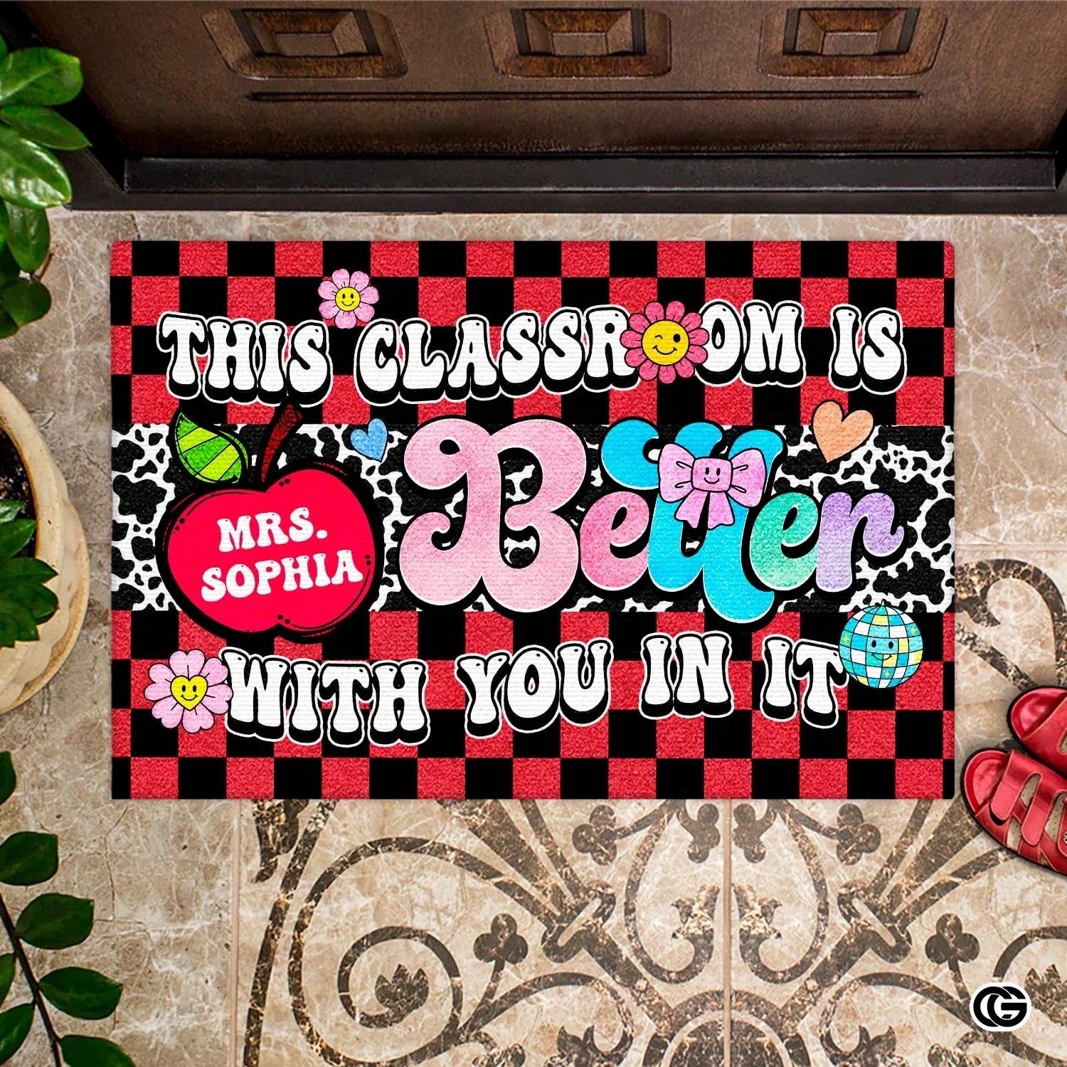 Personalized Welcome Doormat with Teacher Name and Notebook Pattern
