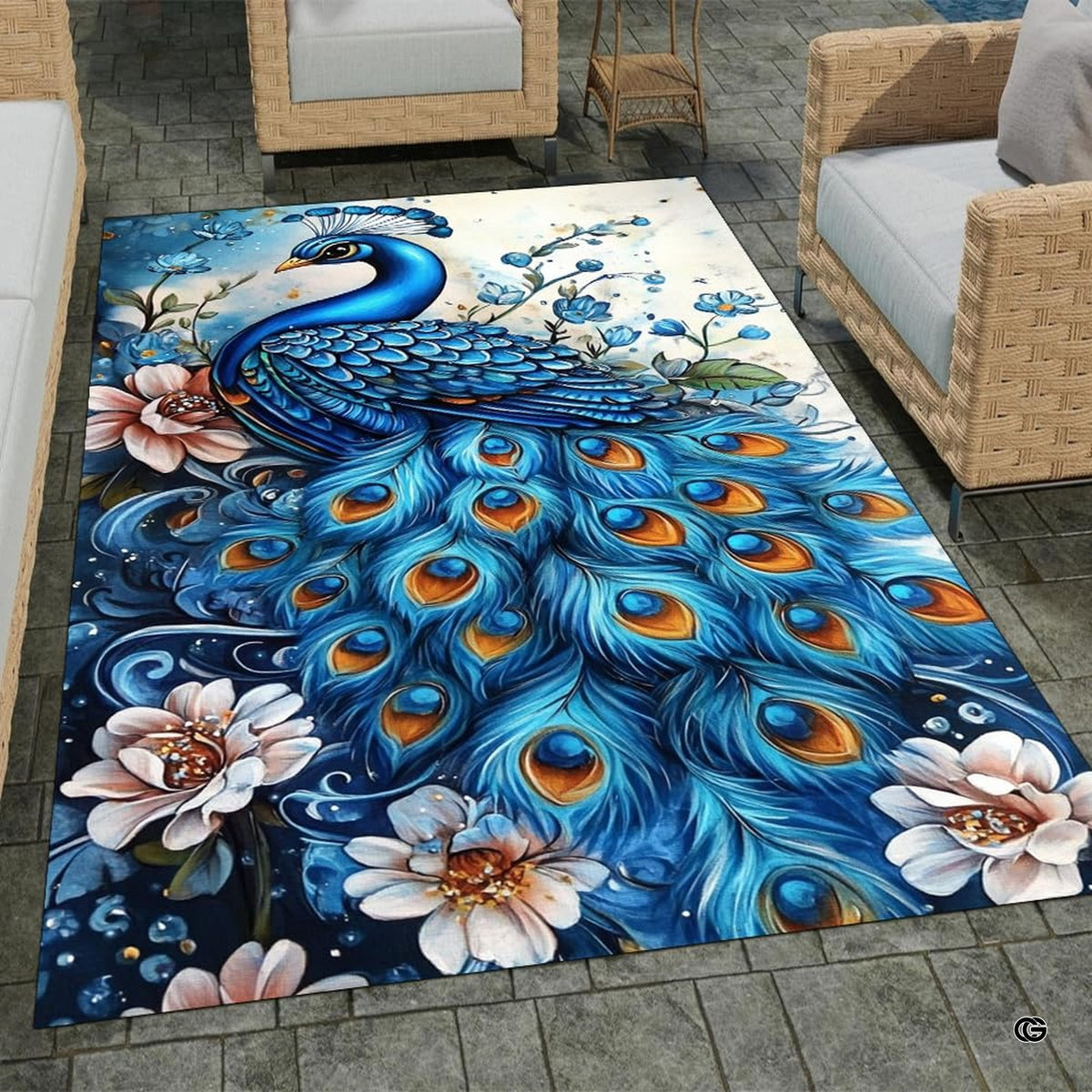Detailed watercolor floral accents and golden shimmer details on a peacock area rug.