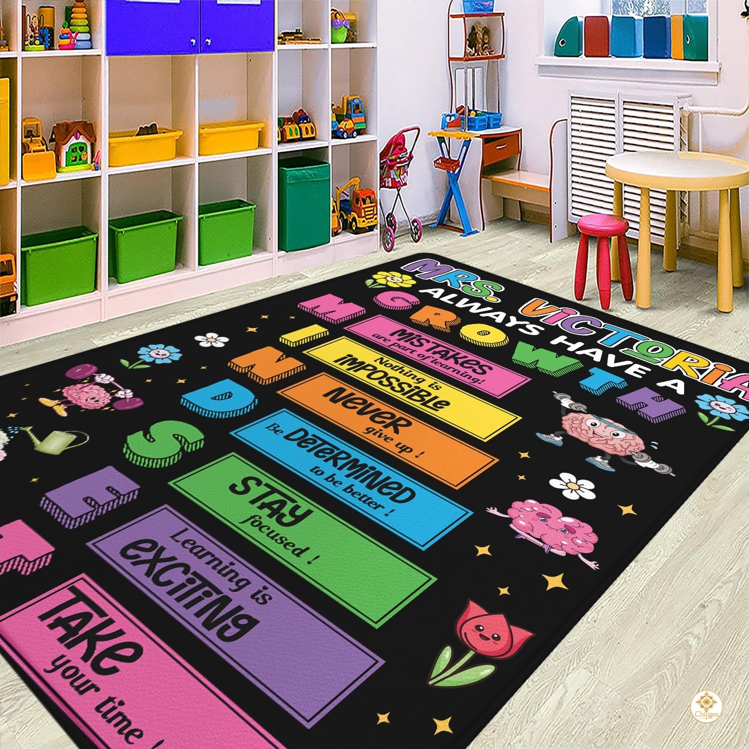 Custom Welcome Mat with Notebook Design and Teacher Name