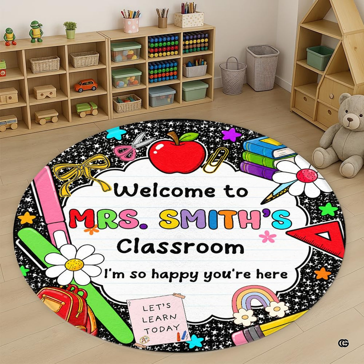 Circular school supply artwork with red apple, books, rainbow, and pencils on a dark chalkboard area rug. - image 1 of 8