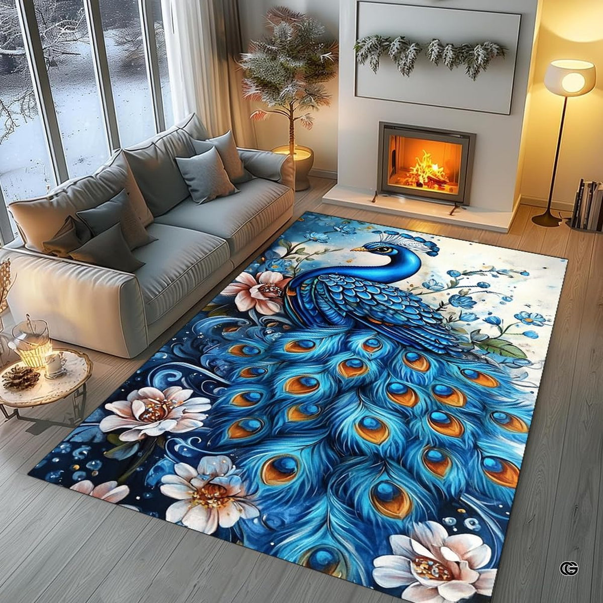 Dining room decor styled with an elegant turquoise and sapphire peacock botanical rug.