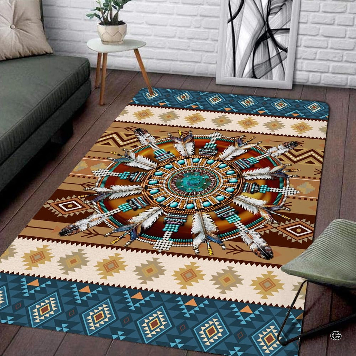 Southwestern tribal area rug featuring turquoise beaded medallion and Aztec diamond borders in living room. - image 1 of 7