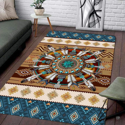 Southwestern tribal area rug featuring turquoise beaded medallion and Aztec diamond borders in living room. - thumbnail image 1 of 7