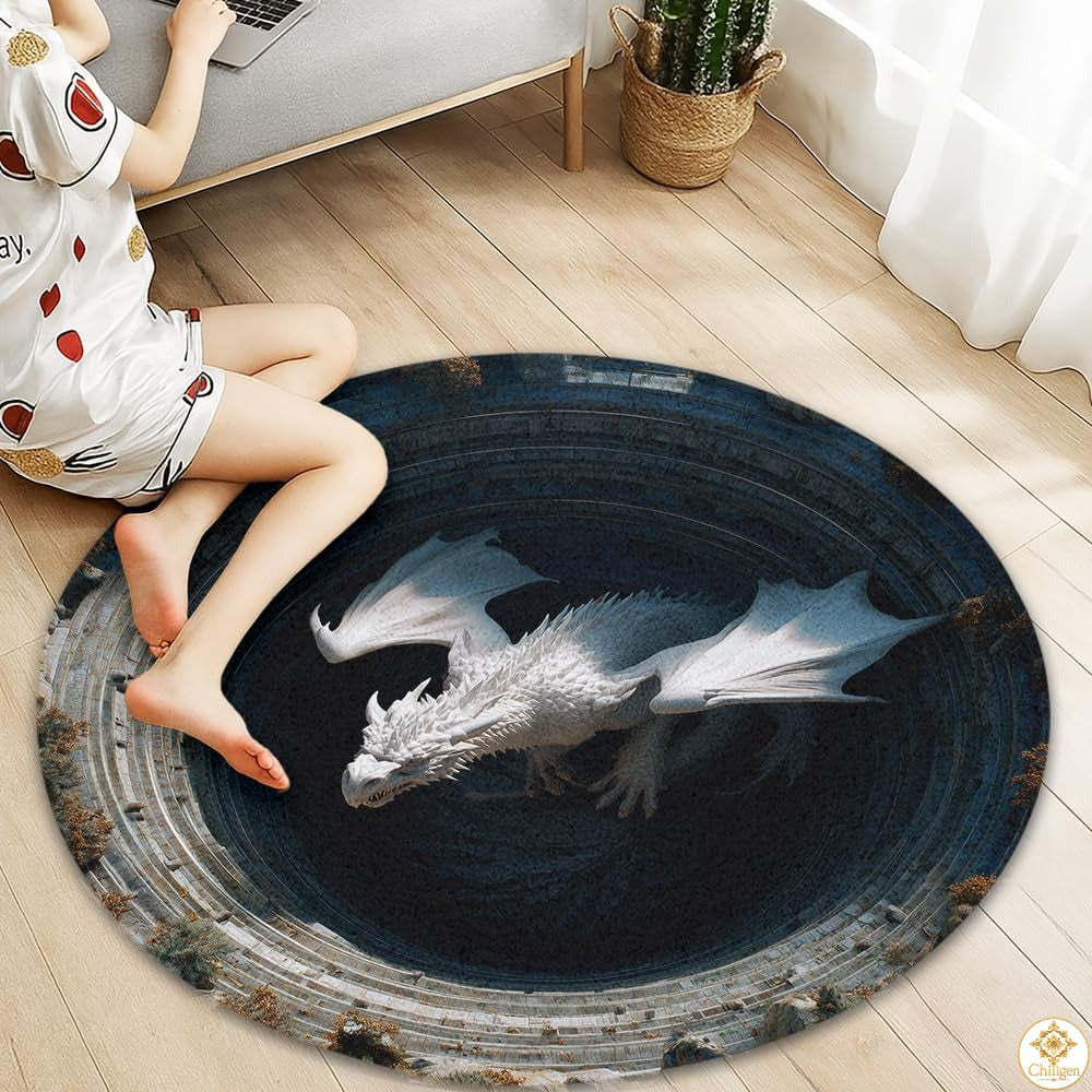 Custom Dragon Round Rug with 3D Illusion and Non-Slip Back