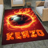 Fiery flaming soccer ball encircled by orange flames rectangular area rug.