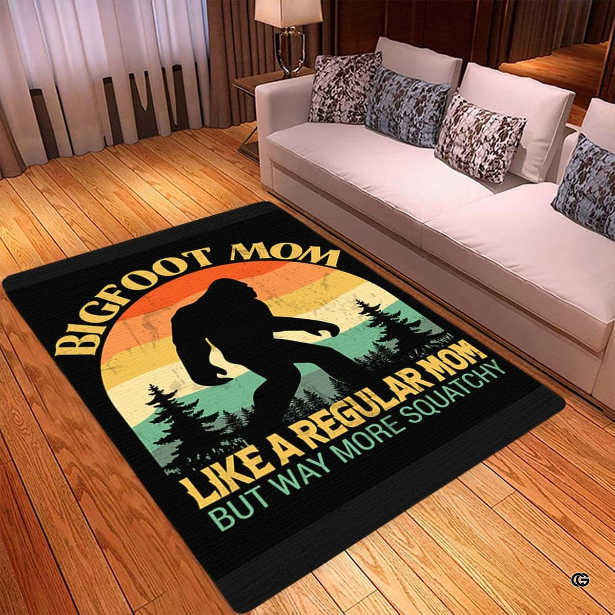 Spacious living room sectional couch setup displaying retro bigfoot mom typography rustic area rug - image 3 of 5