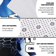 Infographic showing the non-skid dot backing and edge stitching of the sports rug - thumbnail image 4 of 7