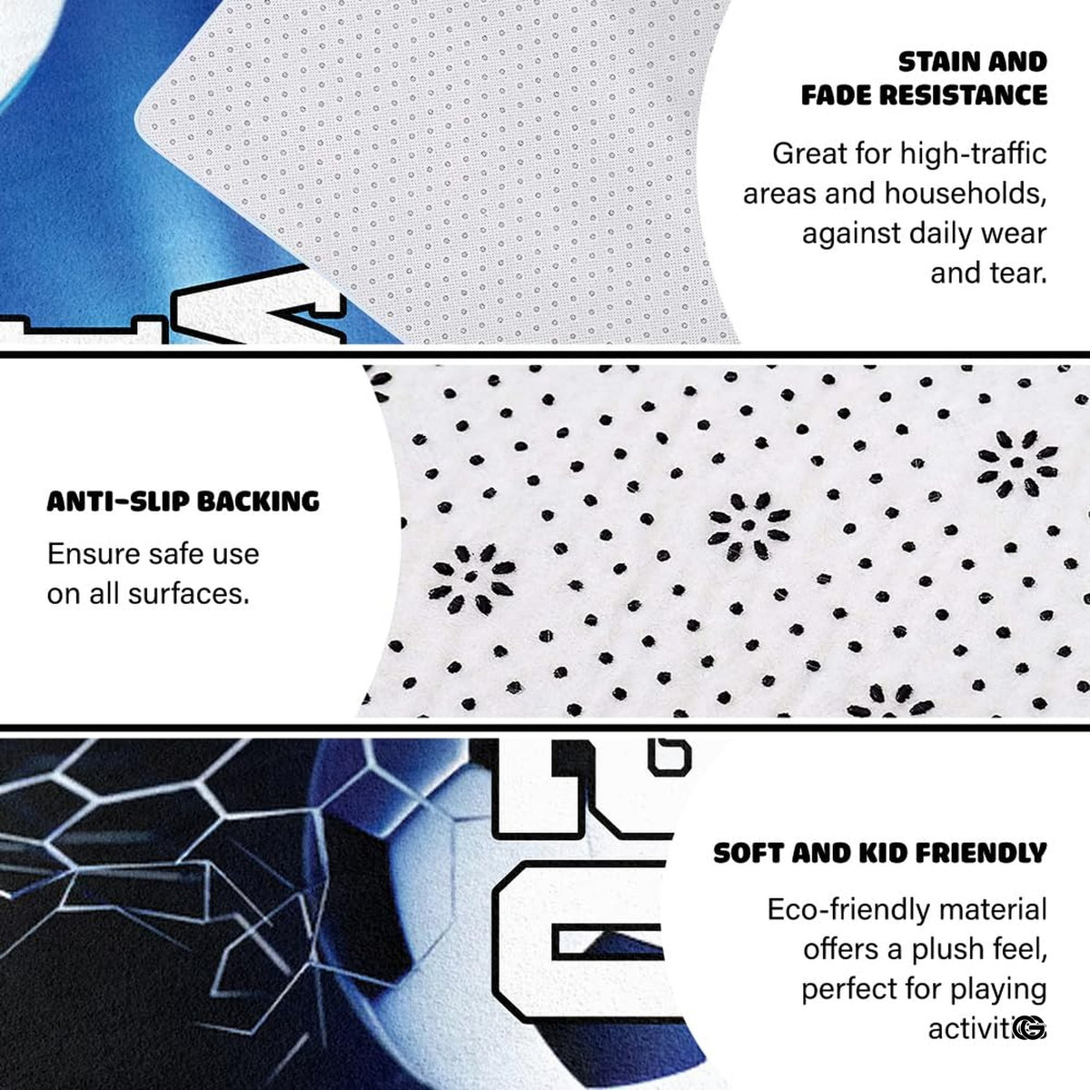 Infographic showing the non-skid dot backing and edge stitching of the sports rug - image 4 of 7