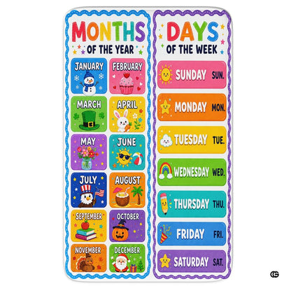Top view of educational calendar area rug showing dual scalloped panels and vibrant seasonal graphics on white. - thumbnail image 1 of 7