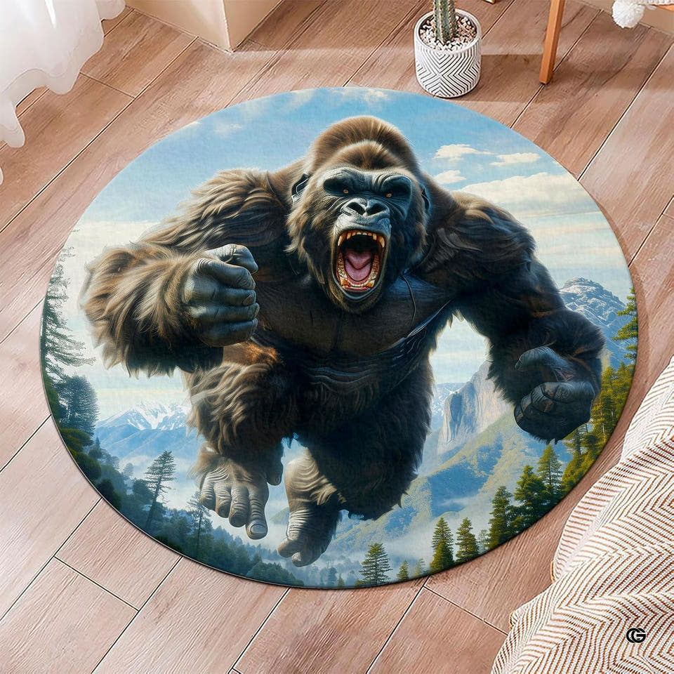 Roaring gorilla round area rug showcasing fierce ape leaping against snowy mountain peaks.