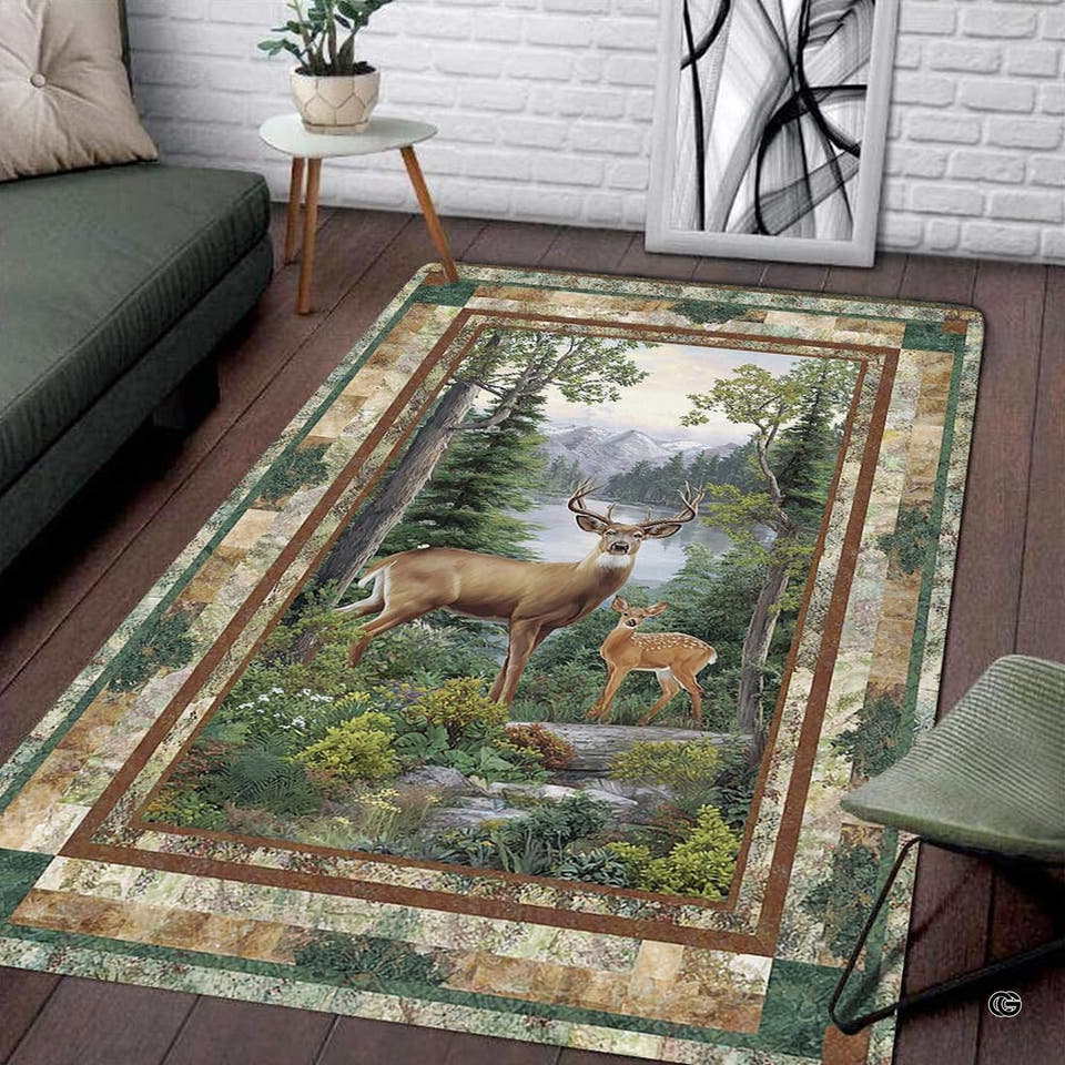 Full overhead view of a forest deer wilderness area rug with green foliage and rustic border.