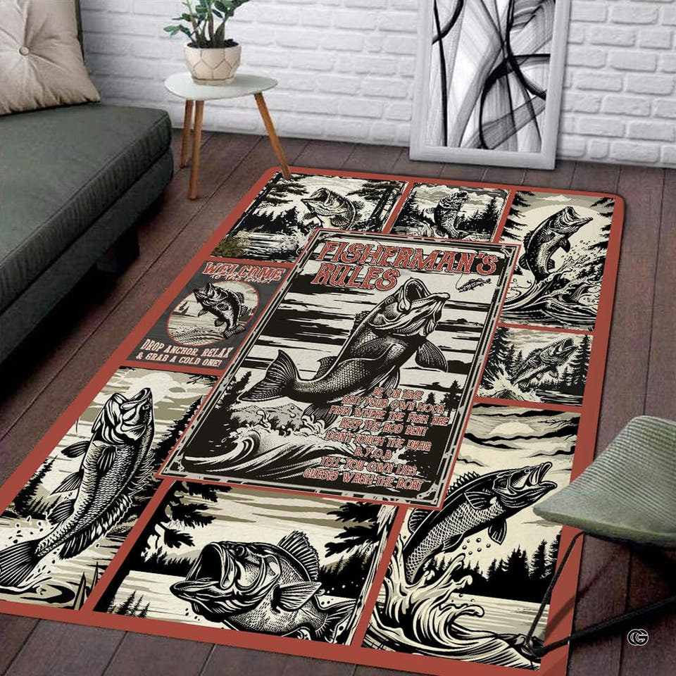 Fisherman rules bass woodcut collage area rug - view 1