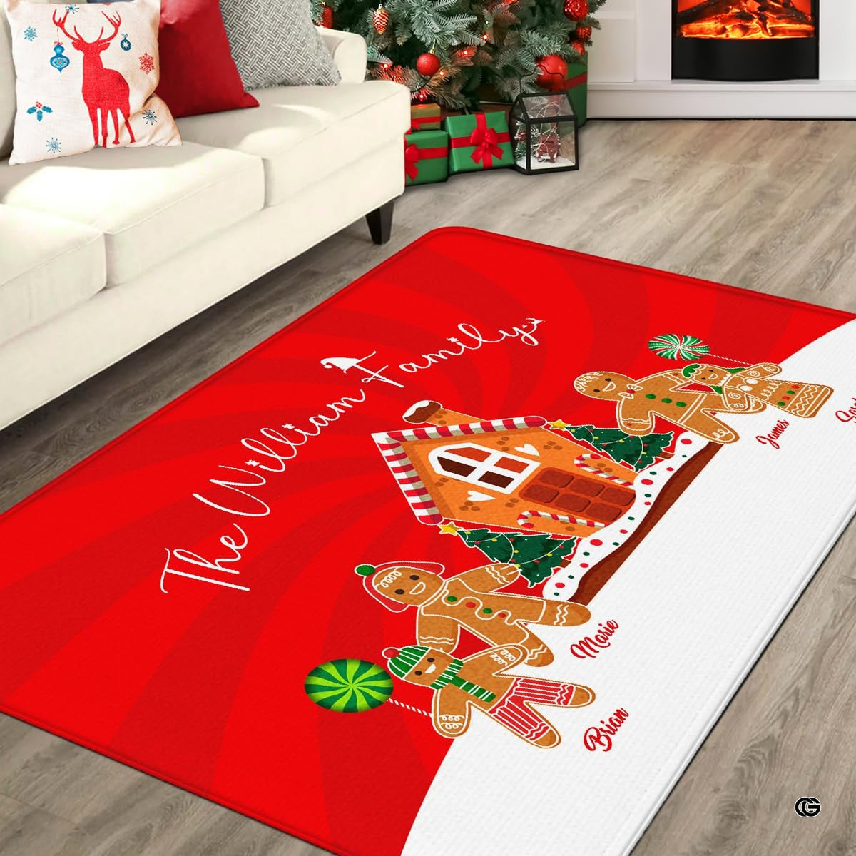 Custom gingerbread family Christmas living room area rug with gingerbread house and festive red background