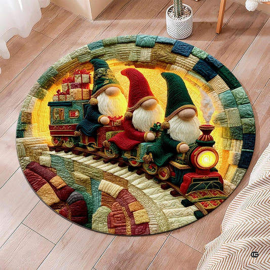 Quilted round area rug featuring holiday gnomes riding a toy train on hardwood floor.