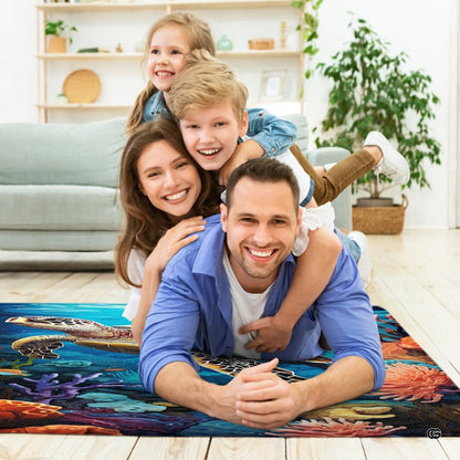 Bright sunroom setting with the marine sea turtle rug laid across wooden flooring - thumbnail image 5 of 7