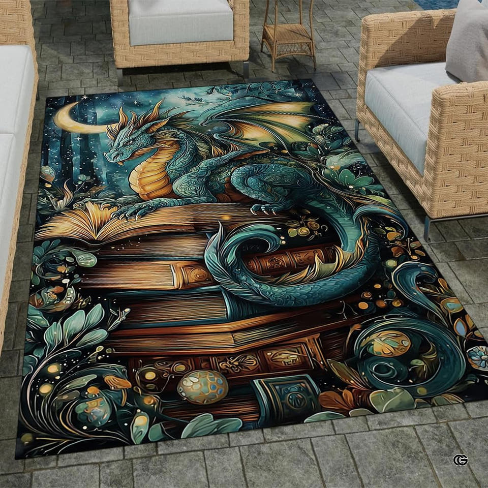 Celestial book dragon crescent moon tome library area rug on outdoor patio pavers