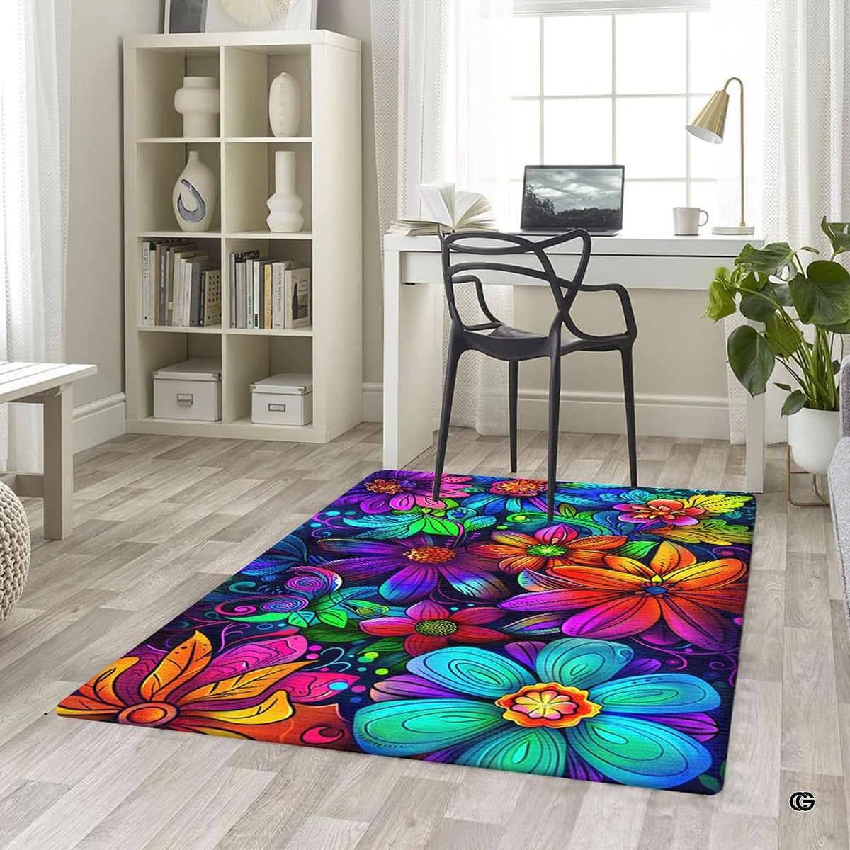 Top-down overhead view of rectangular vibrant neon floral boho living room area rug - image 5 of 5