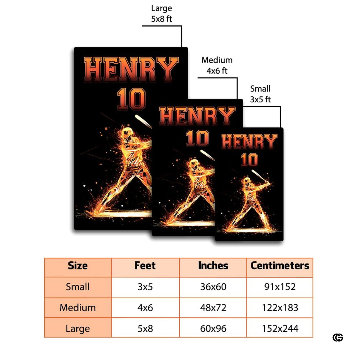 Overhead layout of fiery baseball play area rug showing varsity lettering - image 2 of 7