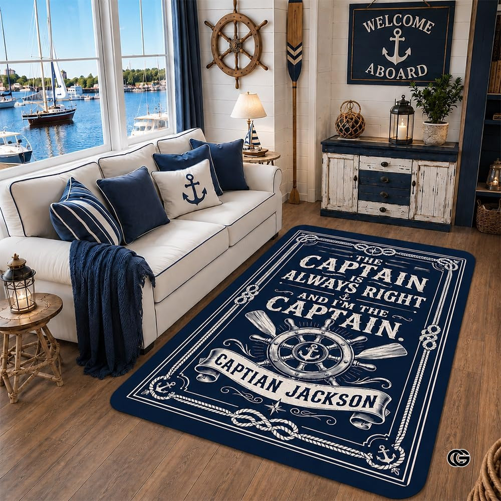 Custom Boat Rug, Personalized Welcome Aboard Mat with Boat Name, Nautical Area Rug for Deck, Entryway or Floor, Anchor Marine Decor, Boating Gift (Boat Rug 06)