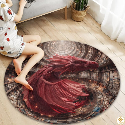 Custom Dragon Round Rug with 3D Illusion and Library Pattern