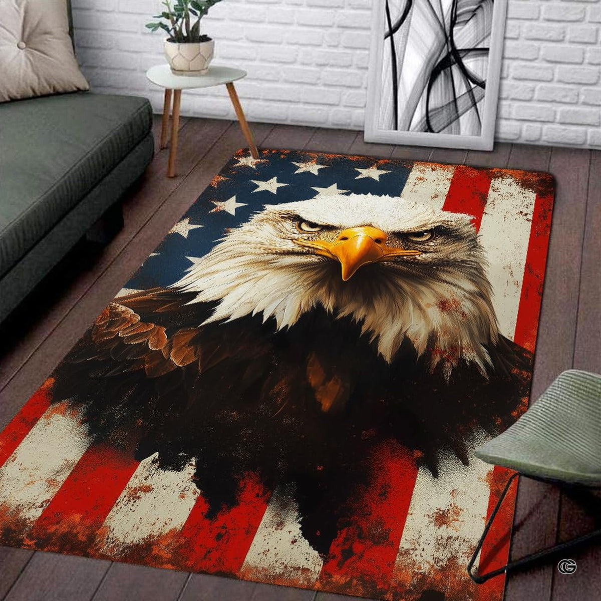Overhead flat view of rectangular patriotic bald eagle American flag area rug - image 7 of 7