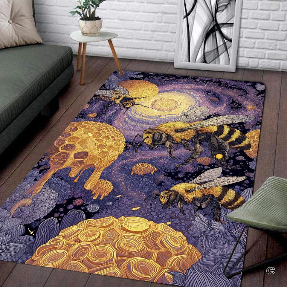 Celestial bumble bee area rug displaying violet cosmic nebulae and glowing golden honeycombs.
