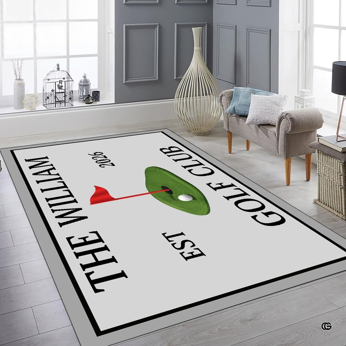 Personalized golf club putting green area rug with golf balls, red flag pin, and man cave simulator room decor. (Angle 7)