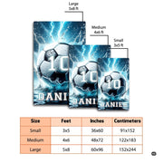 Overhead perspective of dynamic soccer ball floor rug displaying aquatic surges and electric bolts. - thumbnail image 2 of 8
