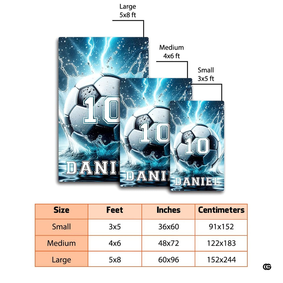 Overhead perspective of dynamic soccer ball floor rug displaying aquatic surges and electric bolts. - image 2 of 8