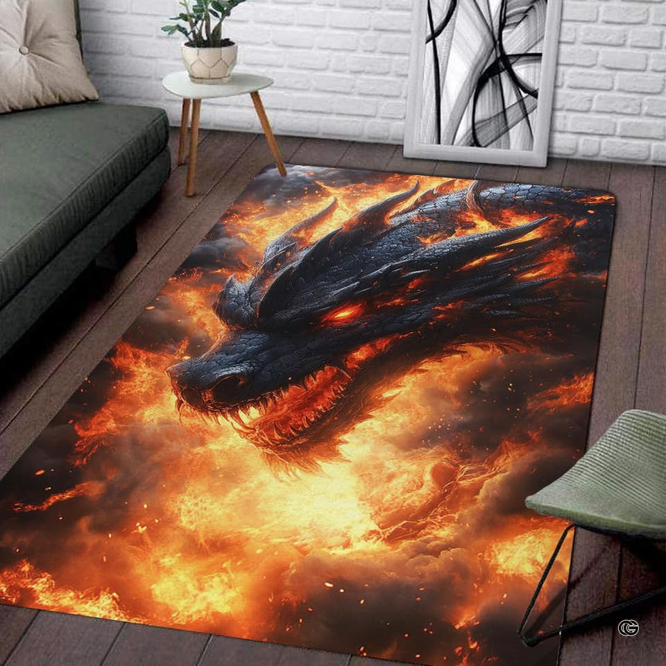 Fiery dragon gamer room rug showing glowing lava embers across center floor.