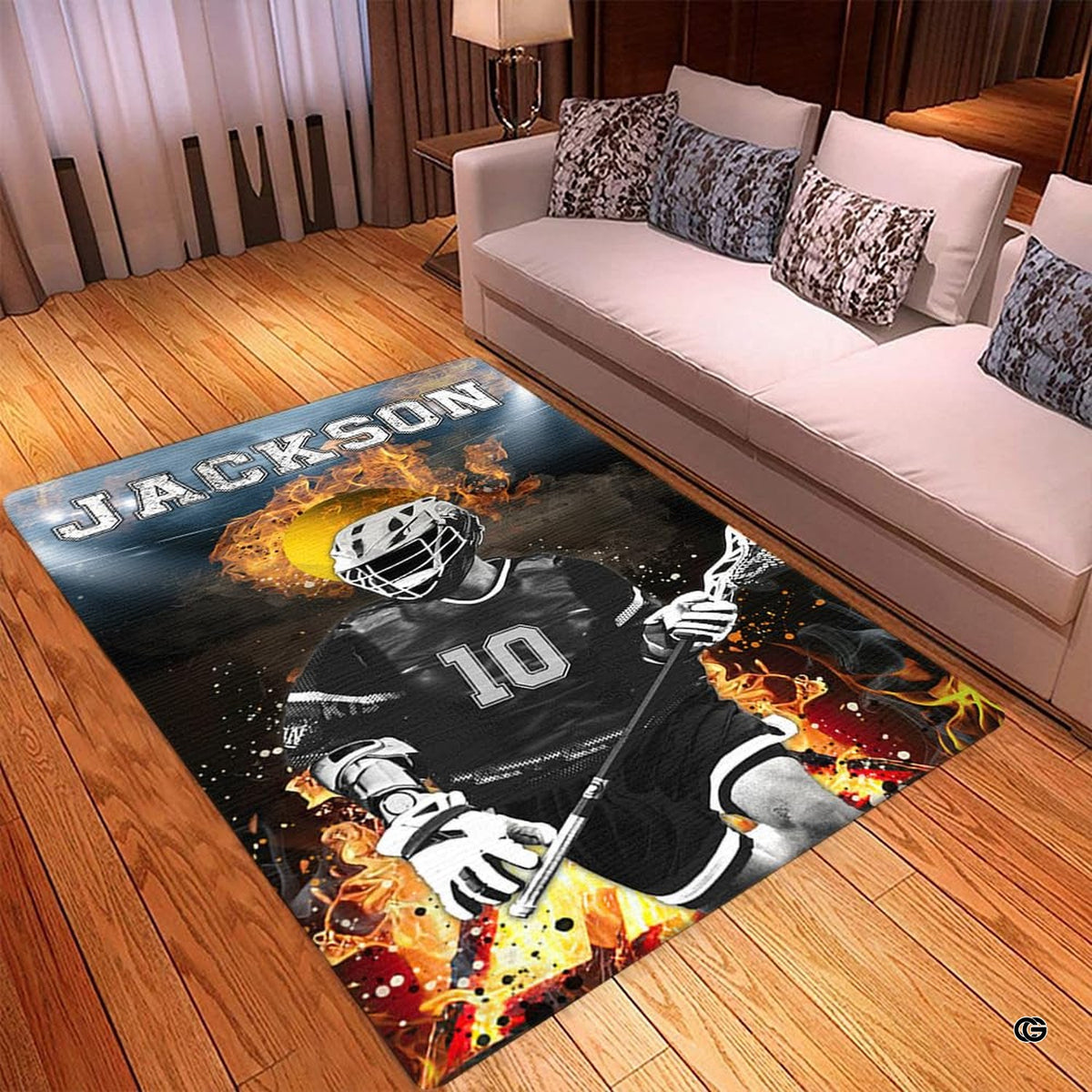 Fireside lounge setting with a person relaxing on the fiery sports rug - image 5 of 9