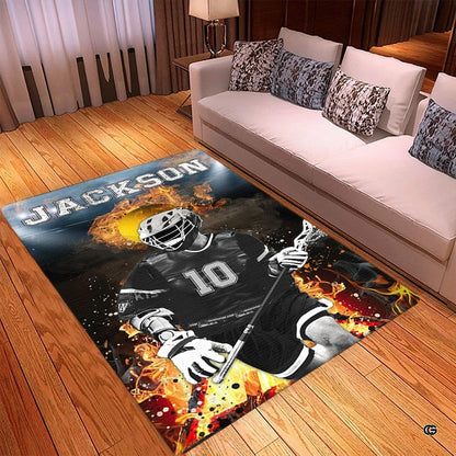 Fireside lounge setting with a person relaxing on the fiery sports rug - thumbnail image 5 of 9