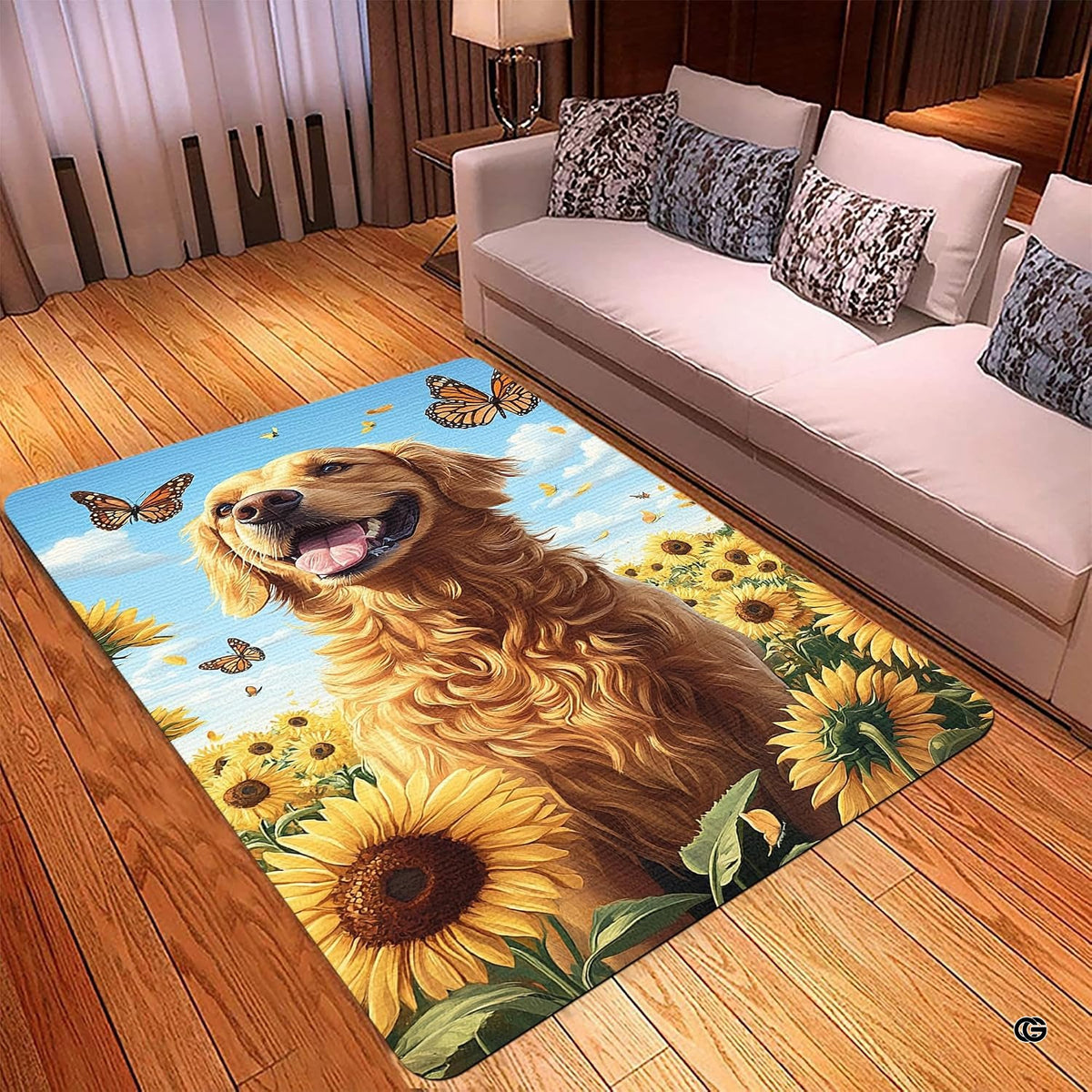 Spacious living room sectional couch setup displaying golden retriever sunflower area rug