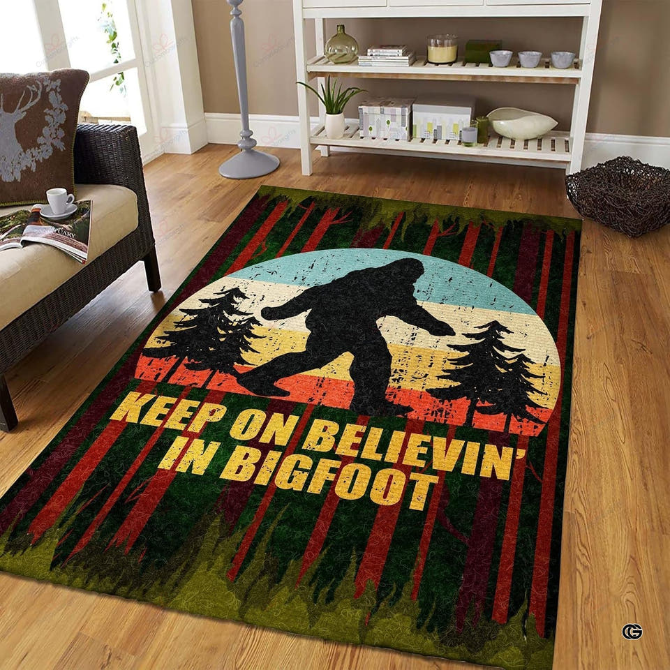 thematic accent silhouette against a retro striped sunset on a rustic cottage rug in a cabin.