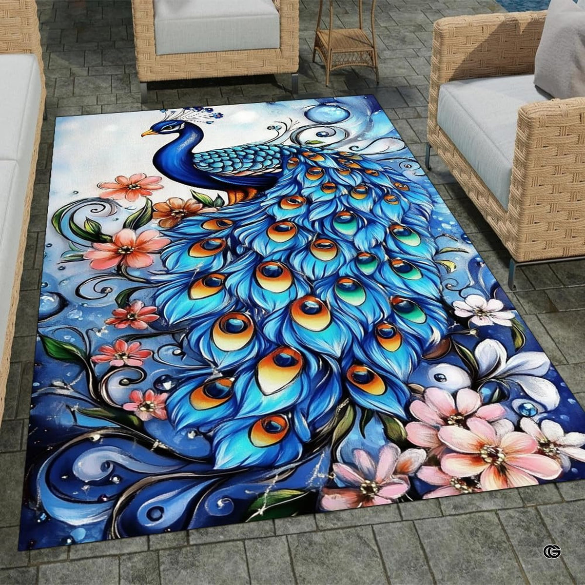 Vibrant peacock illustration on floor rug complementing contemporary sitting room decor and bright wall art.