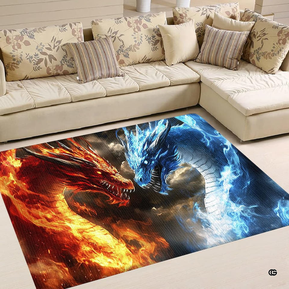 Living room corner setting showing the rectangular fire and ice dragon area rug on light wood flooring.