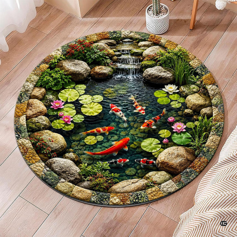 Realistic pond koi fish rug showing swimming red calico fish, pink water lilies, and river pebbles on a round area rug.
