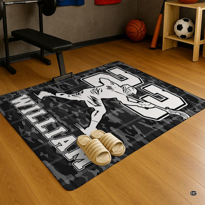 Top-down view of black and off-white lacrosse sports floor rug with number 23 athletic print. - thumbnail image 5 of 9