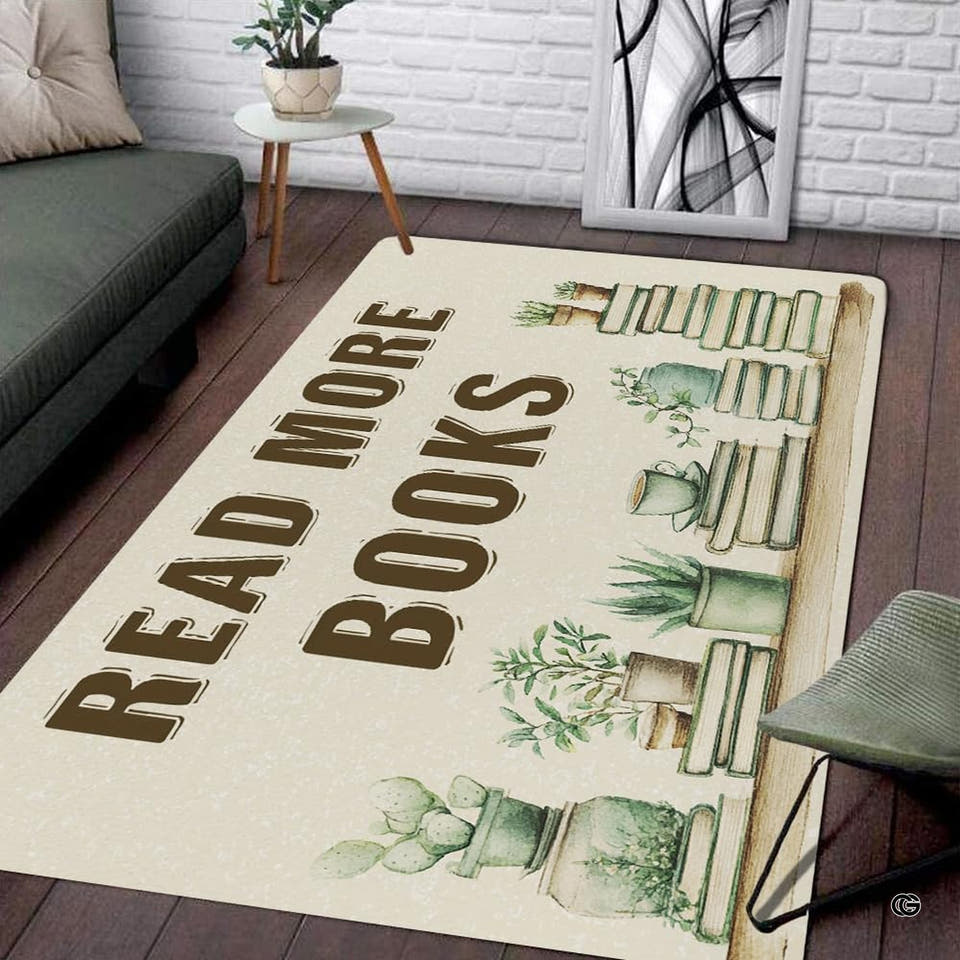 Botanical study area rug with watercolor potted flora and stacked volumes on dark flooring