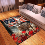 Overhead view of whitetail deer rug displaying autumn forest scenery and patriotic flag background. - thumbnail image 2 of 5
