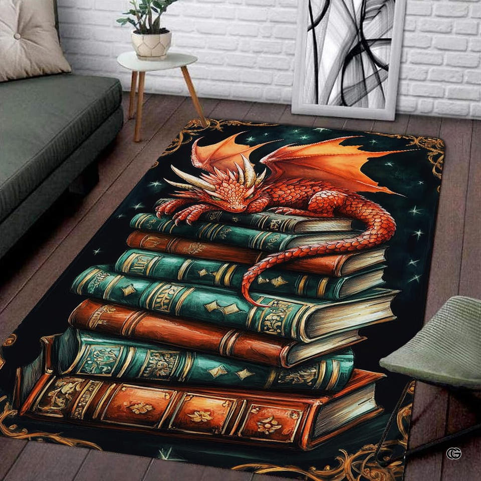 Fantasy area rug showing sleeping orange dragon atop vintage antique books on navy background.